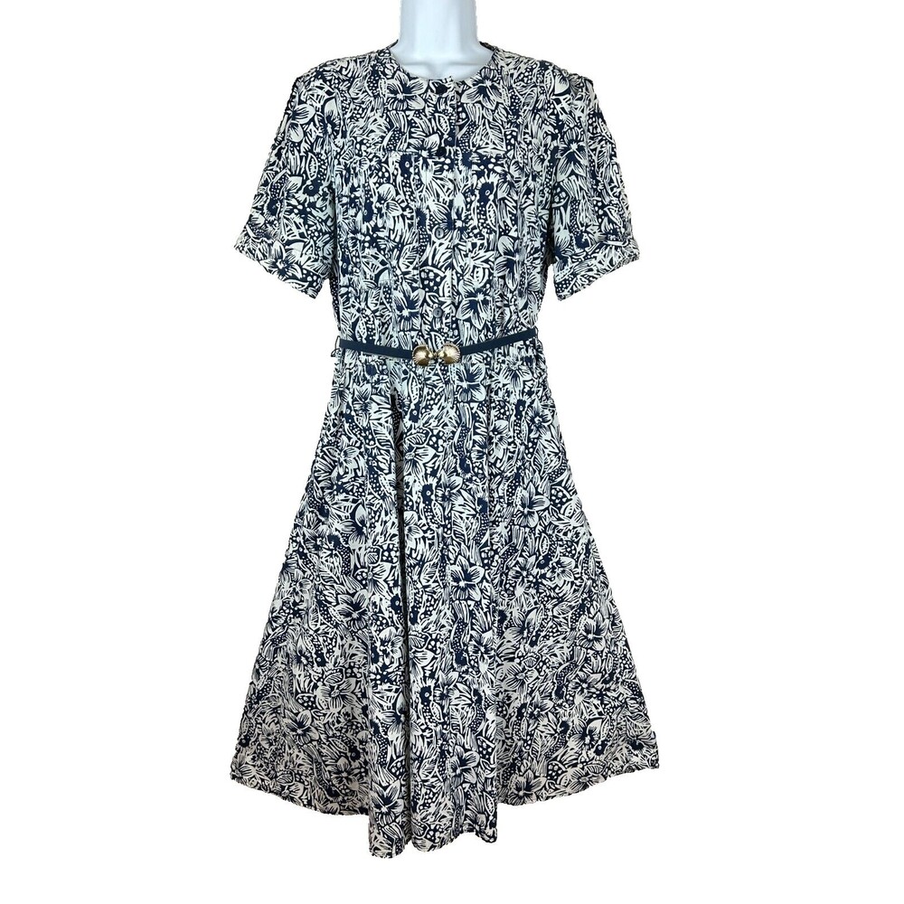 Vintage 80's Impromptu Blue Floral Cotton Blend Dress Cottagecore Size 12